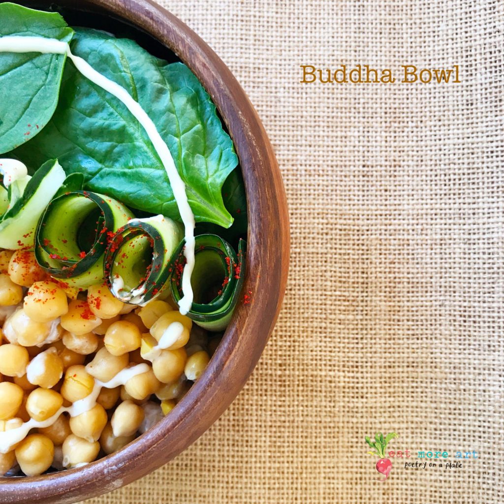 A top shot of Buddha Bowl | Spinach Chickpea salad with Tahini Dressing