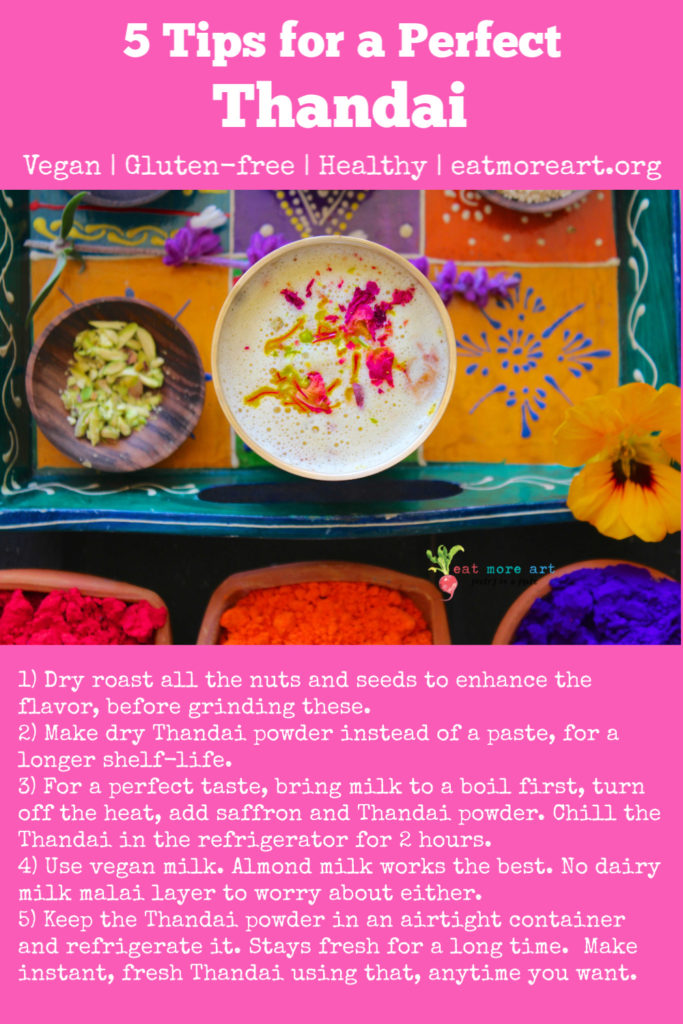 An overhead shot of colorful tray with Thandai and a list of 5 tips to make a perfect Thandai