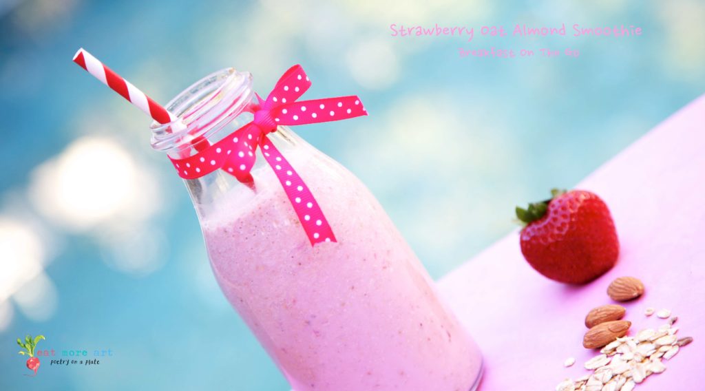 A side shot of Strawberry Oats Almond Smoothie in a bottle 