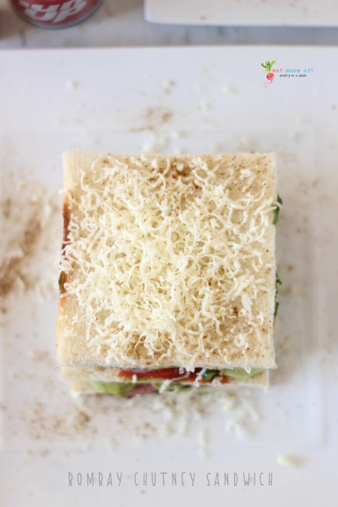 A closeup overhead shot of Bombay Chutney Sandwich
