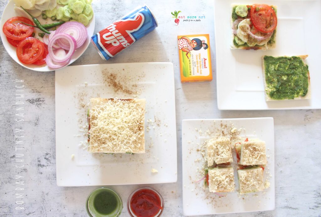 An overhead shot of Bombay Chutney Sandwich with condiments on the side