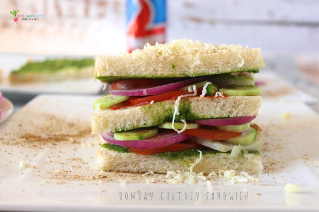 A close-up, side shot of Bombay Chutney Sandwich