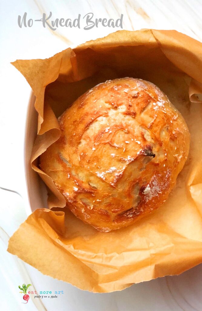 An overhead shot of freshly baked no-knead bread