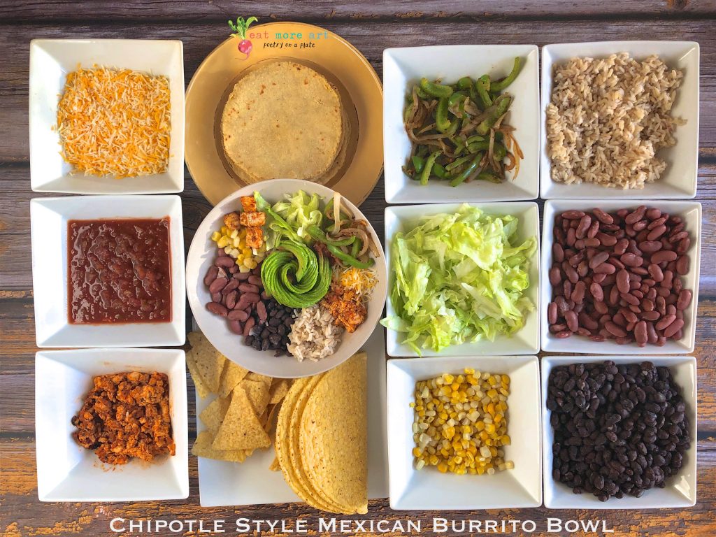 An overhead shot of chipotle style mexican burrito bowl