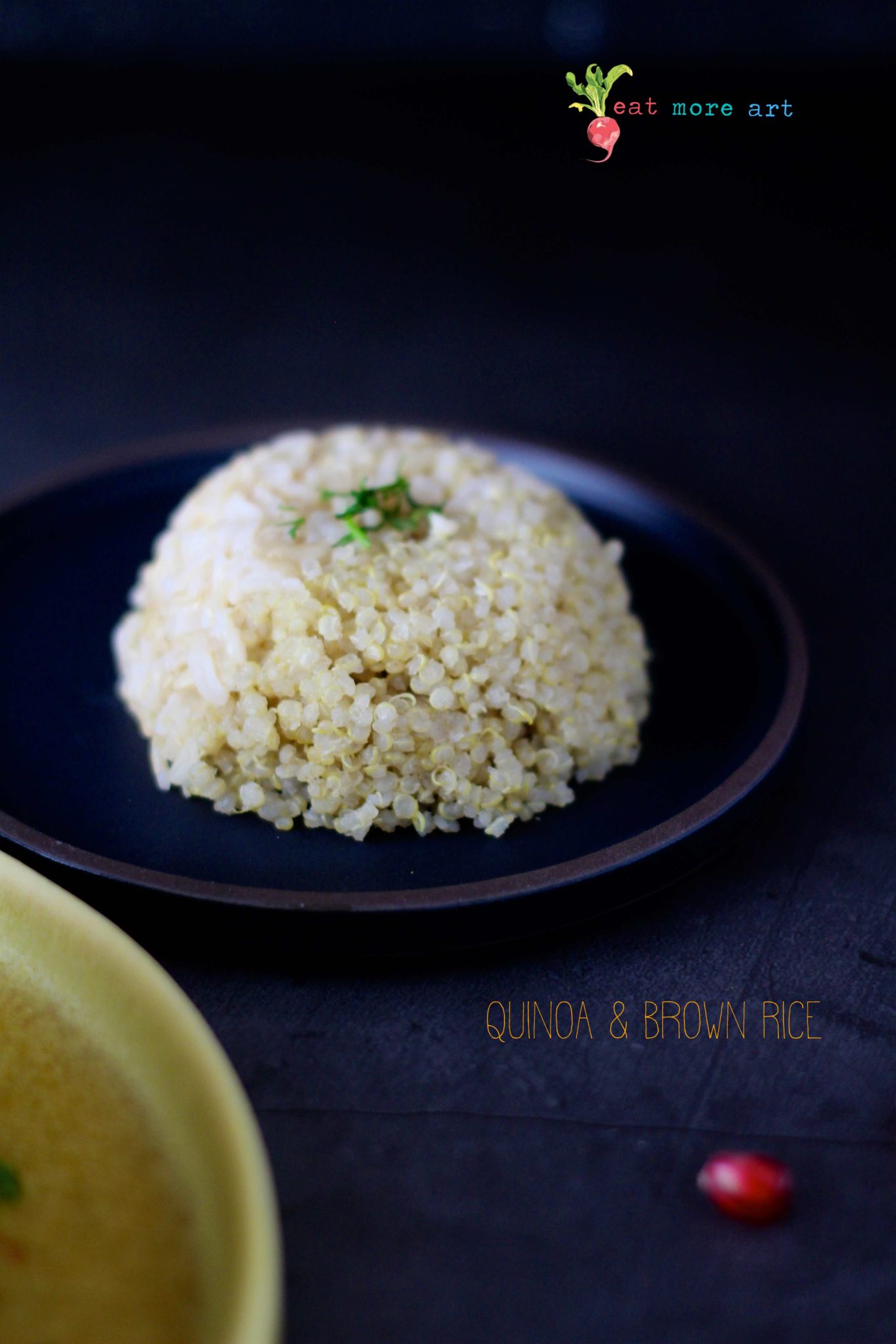 A side shot of quinoa and brown rice on black backdrop