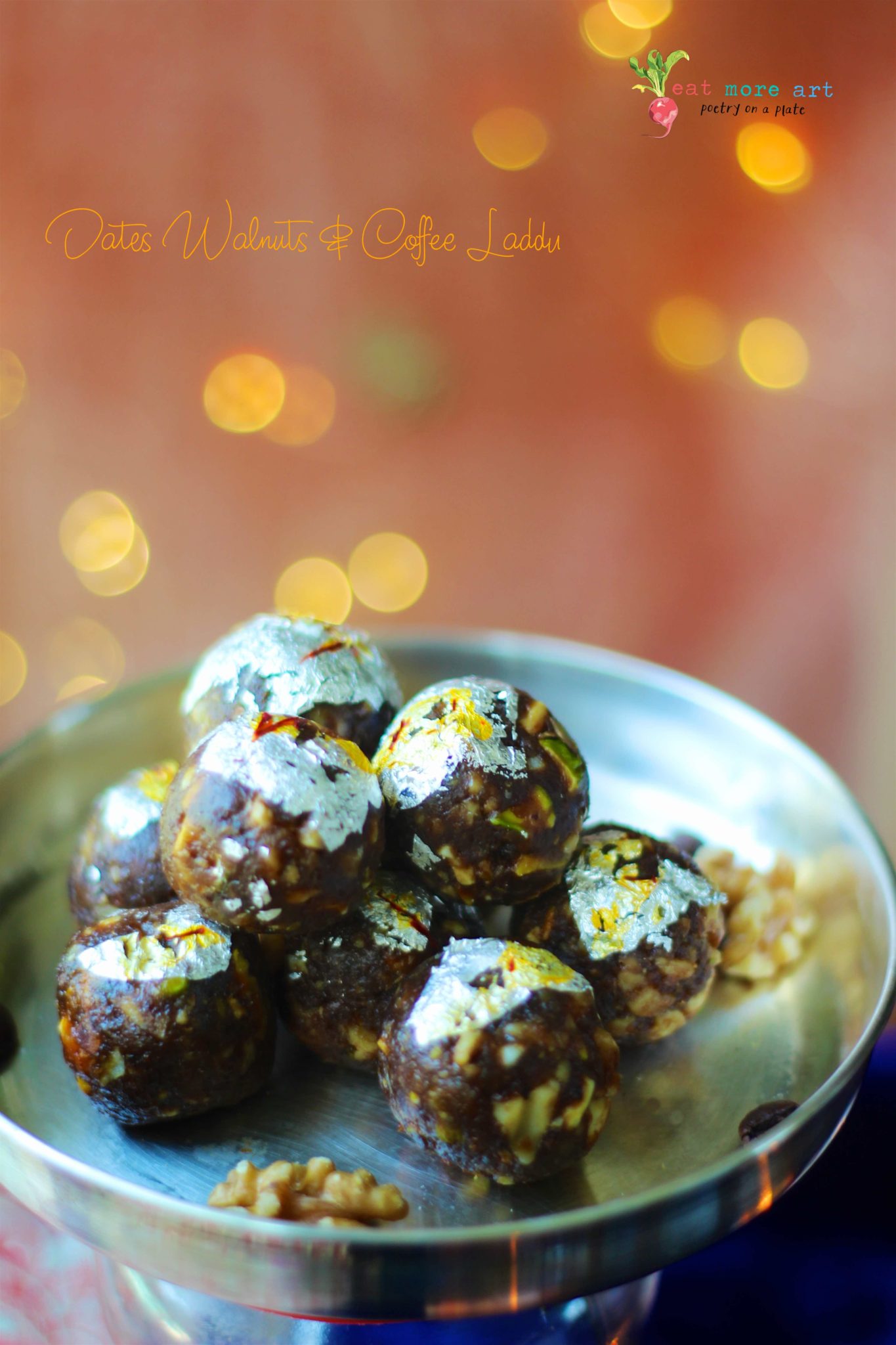 A side shot of dates walnuts coffee laddu with bokeh in the background