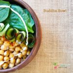 A top shot of Buddha Bowl | Spinach Chickpea salad with Tahini Dressing