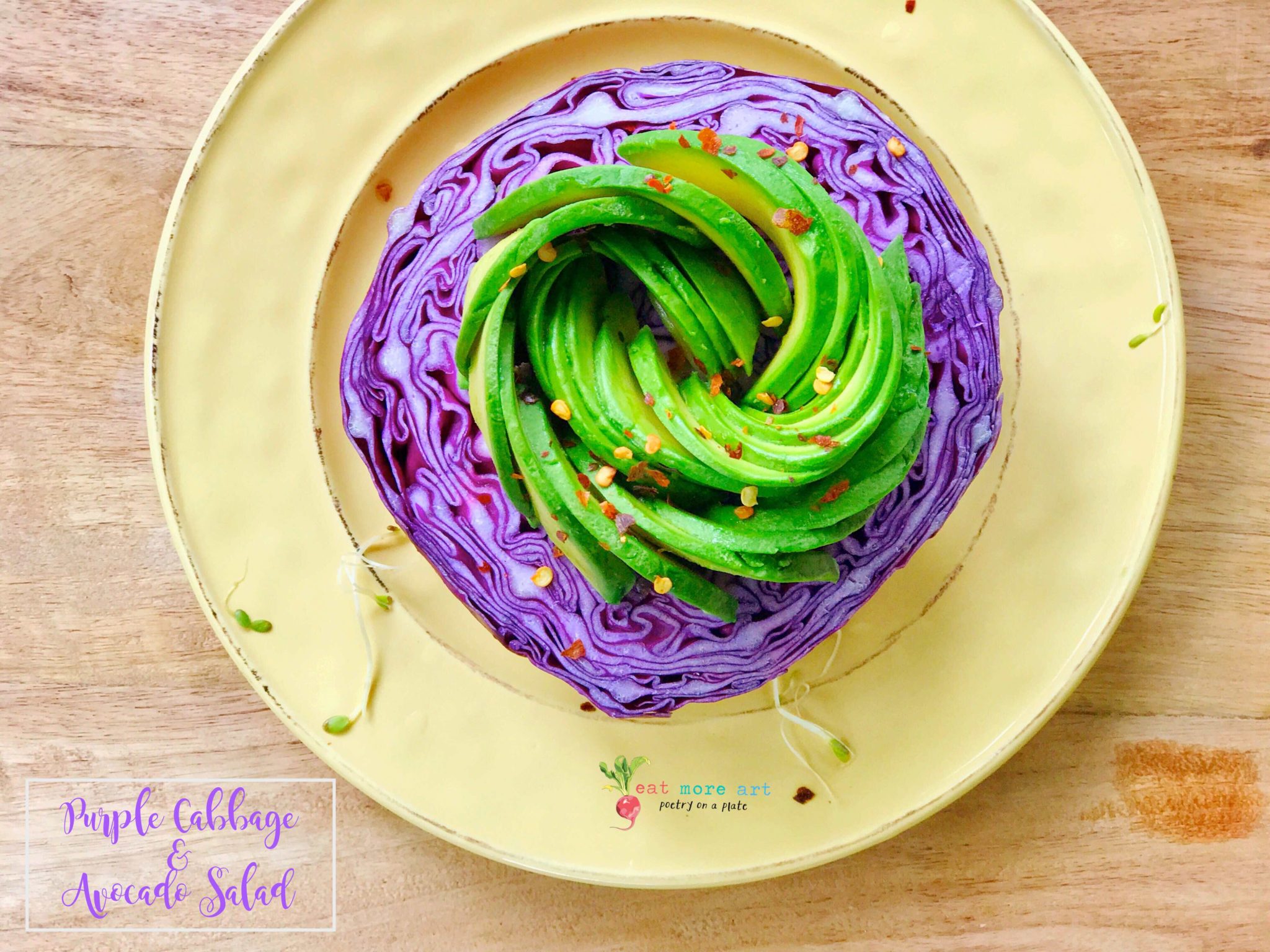 an overhead shot of purple cabbage avocado salad