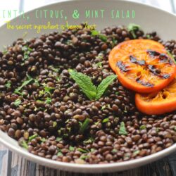 A side shot of black lentil, citrus & mint salad