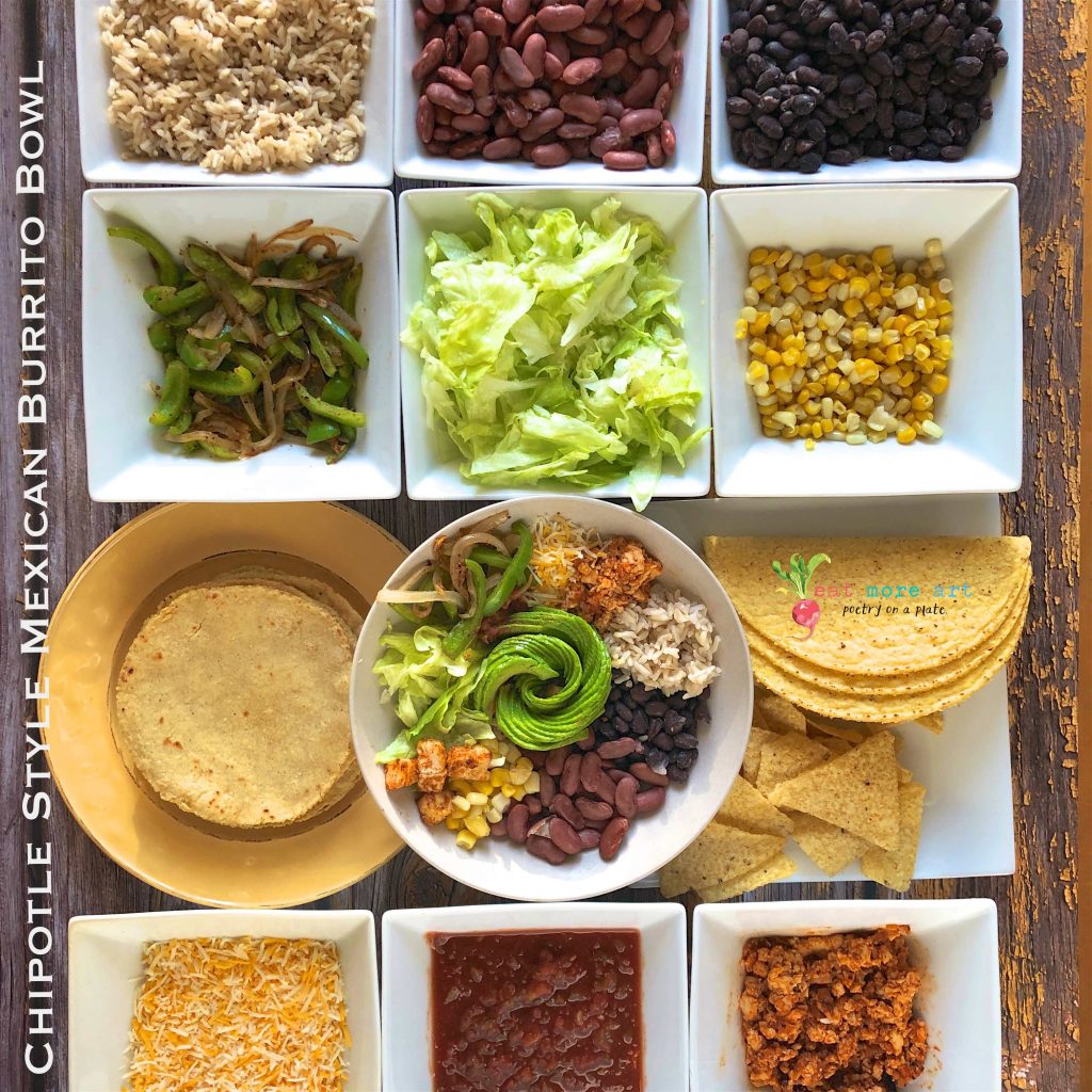 An overhead shot of chipotle style mexican burrito bowl
